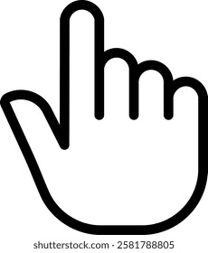 Black and white icon depicting a hand cursor clicking, featuring an extended index finger. This symbol represents interaction with a computer interface in a minimalistic style