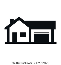 A black and white icon depicting a house with a garage door, representing the concept of home ownership or real estate.