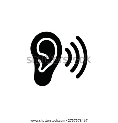 A black and white icon depicting a human ear with sound waves emanating from it, symbolizing hearing or audio.