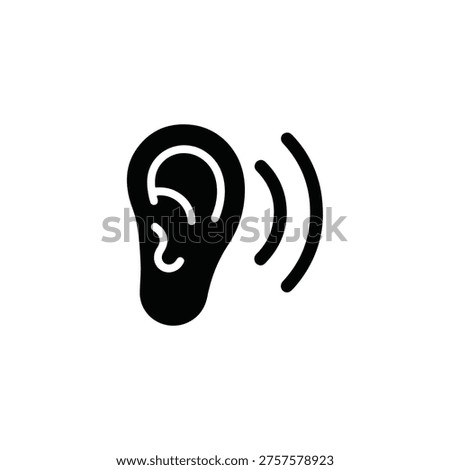 A black and white icon depicting a human ear with sound waves emanating from it, symbolizing hearing and audio
