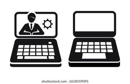 A black and white icon depicting a laptop computer with a screen showing a silhouette of a businessman and a gear or cogwheel symbol. represents online business concepts delivered through a laptop