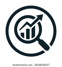 A black and white icon depicting a magnifying glass over a bar chart with an upward trend arrow, all within a circular outline, symbolizing data analysis and business growth.