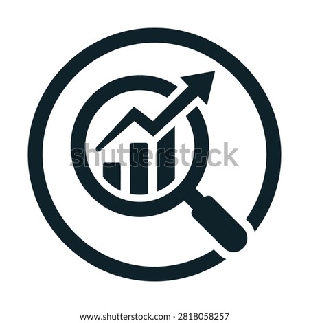 A black and white icon depicting a magnifying glass over a bar chart with an upward trend arrow, all within a circular outline, symbolizing data analysis and business growth.