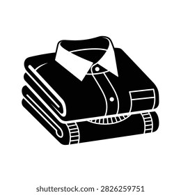 A black and white icon depicting a neatly folded black shirt on top of folded black pants.