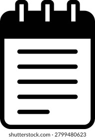 Black and white icon depicting a notepad with horizontal lines and three spiral rings, suitable for user interface and graphic design projects.