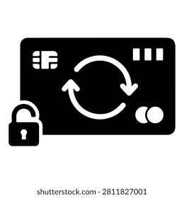 Black and white icon depicting a payment card with a lock and refresh symbols, representing security and transaction updates.