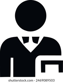 A black and white icon depicting a person in business attire, holding papers