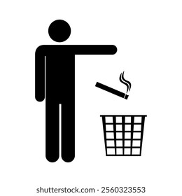 A black and white icon depicting a person disposing of a cigarette into a trash bin. Minimalist design representing proper disposal, smoking etiquette, or waste management.