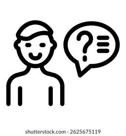 Black and white icon depicting a person with a question mark speech bubble, indicating curiosity or inquiry