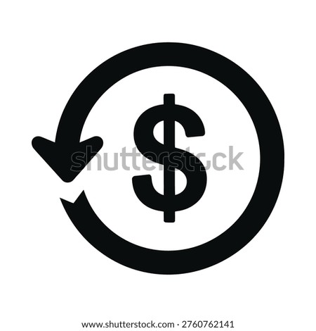 Black and white icon depicting a refund symbol with a dollar sign