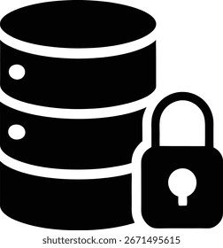 Un icono en blanco y negro que representa una base de datos segura, con cilindros apilados que simbolizan el almacenamiento de datos y un candado cerrado que indica protección y acceso restringido.