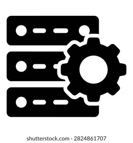 Black and white icon depicting a server rack unit with a large cogwheel. Represents data center maintenance, system configuration, and technology settings.