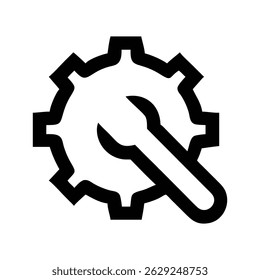 Black and white icon depicting settings symbol with gear and wrench for configuration.
