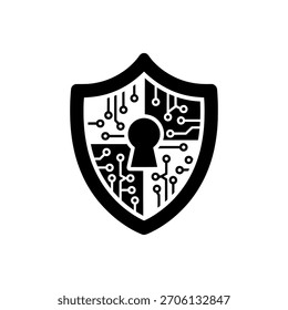 A black and white icon depicting a shield with a keyhole in the center, surrounded by an intricate circuit board pattern, symbolizing digital security and protection.