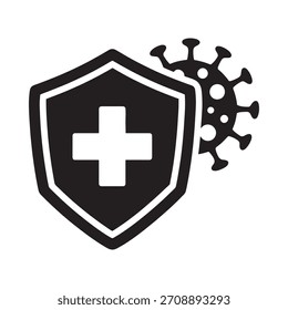 Un icono en blanco y negro que representa un escudo con una cruz blanca, que simboliza la protección, frente a un virus.