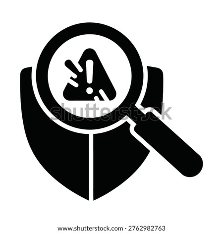 A black and white icon depicting a shield with a magnifying glass examining a warning triangle, symbolizing security vulnerability detection and protection.