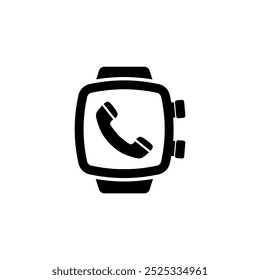 Ein schwarz-weißes Symbol, das eine vereinfachte Smartwatch mit einem Telefonsymbol darstellt, das die Funktionen für Kommunikation, Konnektivität und Remote-Zugriff darstellt. Vektorsymbol für Website-Design, Logo, App