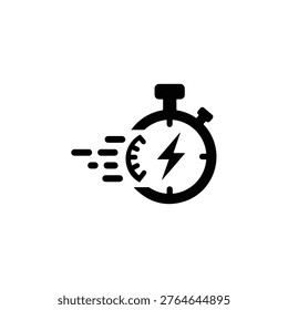 A black and white icon depicting a stopwatch with a lightning bolt inside, conveying speed and power.
