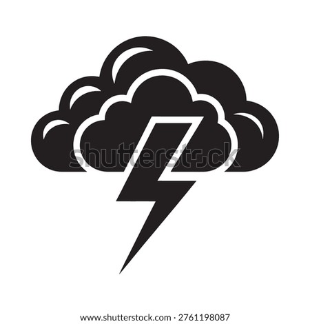 A black and white icon depicting a storm cloud with a lightning bolt
