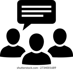 A black and white icon depicting three people standing together with a speech bubble above them, indicating a conversation or discussion.