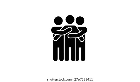 A black and white icon depicting three stylized figures embracing each other, representing concepts of togetherness, support, and community.