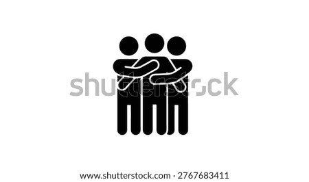 A black and white icon depicting three stylized figures embracing each other, representing concepts of togetherness, support, and community.