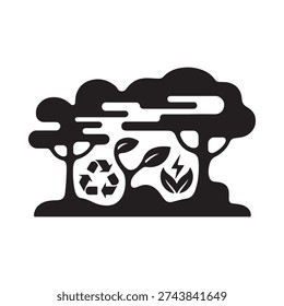 A black and white icon depicting trees recycling symbols leaves and lightning bolts conveying ecological themes