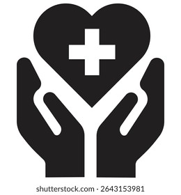 Black and white icon depicting two hands holding up a heart with a cross inside. The heart symbolizes care and health