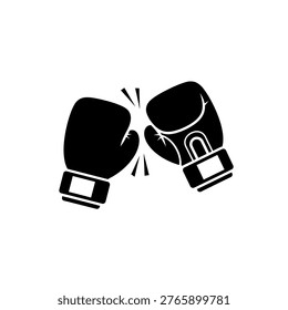 A black and white icon depicting two boxing gloves clashing together, symbolizing competition, fight, or sport.