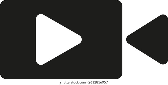 A black and white icon depicting a video camera with two play buttons, suitable for use as a logo or brand symbol in graphics design