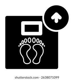 Black and white icon depicting a weight scale with footprints and an upward arrow suggesting weight loss or progress Use for fitness or health concepts