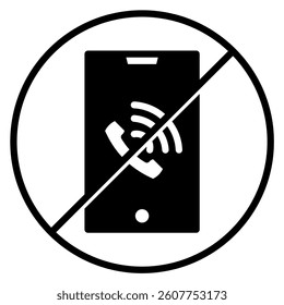 A black and white icon depicts a smartphone with a phone symbol and signal waves crossed out inside a circle, indicating no cell phone usage is allowed. This image is perfect for signage and warnings.