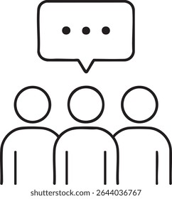 A black and white icon depicts three stylized people figures with a speech bubble containing three dots above them.