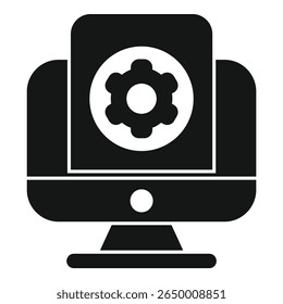 Ícone preto-e-branco de um computador desktop mostrando uma roda de engrenagens, representando a configuração ou as configurações