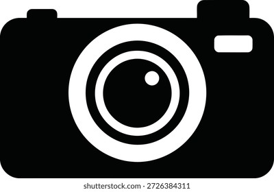 Um ícone preto e branco de uma câmera digital em um plano de fundo plano