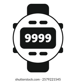 Black and white icon of a digital wrist watch showing the number 9999