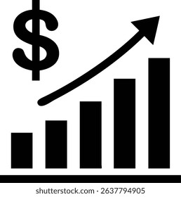Black and white icon displaying a dollar symbol next to an increasing bar graph. An upward arrow emphasizes positive growth trends. Simple graphic.