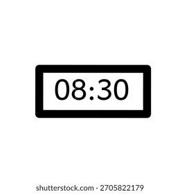 ​Um ícone preto e branco exibindo a hora 08:30 dentro de um quadro de relógio digital retangular. Este gráfico simboliza agendamento, compromissos, tempo de despertar ou qualquer marcador de meia hora.
