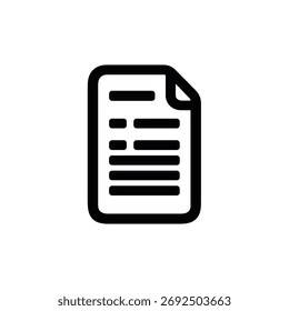 Black and white icon displays a document with horizontal lines representing text, a curled corner, suggesting a page, against a plain white background.
