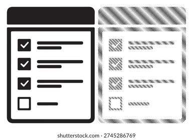 Black and white icon of document with completed and uncompleted tasks or items