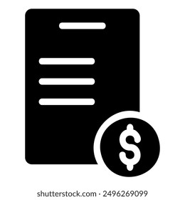 A black and white icon of a document with a dollar coin next to it. This icon represents an invoice, which is a formal document requesting payment for goods or services.