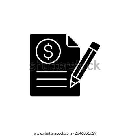 Black and white icon of a document with a dollar sign and a pencil. Represents financial paperwork.