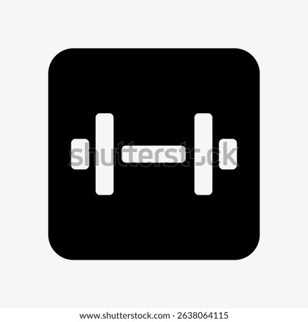 Black and white icon of a dumbbell. Simple dumbbell design in a square. Dumbbell symbol for fitness apps or gym signs. Minimalist dumbbell illustration. User interface icon vector.