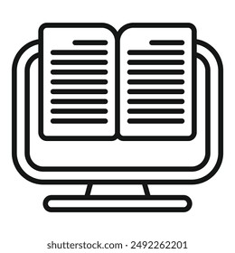 Black and white icon of an ebook open on a computer monitor, symbolizing online reading