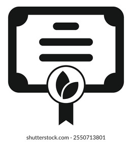 Black and white icon of an eco certification symbol with leaves on a certificate representing sustainability