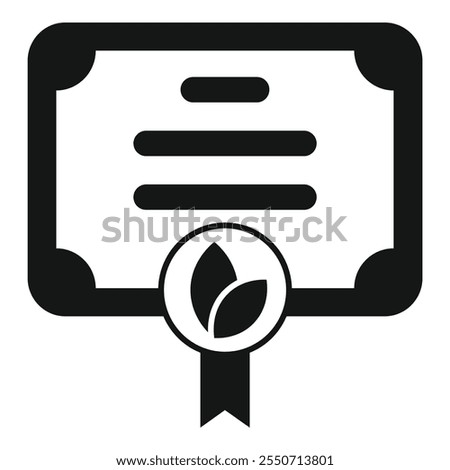 Black and white icon of an eco certification symbol with leaves on a certificate representing sustainability