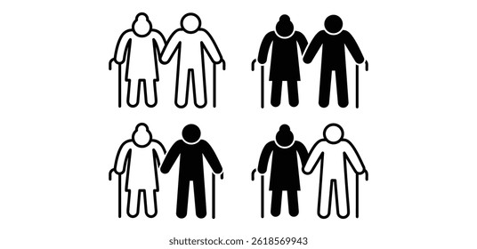 Black And White Icon Of Elderly Couple Holding Hands Using Canes Vector Design Illustration