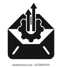 Black and white icon of an envelope with a gear and three upward trending arrows, symbolizing email marketing growth