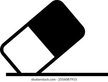 Black and white icon of an eraser at an angle, with one corner touching a flat surface, symbolizing the action of erasing, correction, or removal.