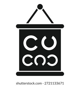 Icono blanco y negro de una tabla de prueba ocular colgando de una pared, utilizado para el examen de la visión